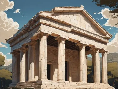 Ancient Greek Doric temple, columns, architrave, frieze, metopes, triglyphs, pediment, stone material, weathered texture, rustic structure, classical architecture, historical landmark, sunny day, blue