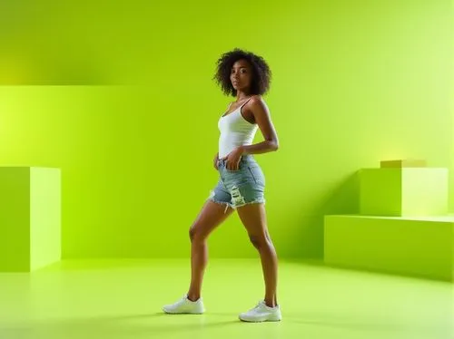 Bright lime green accents, modern minimalist interior design, solo female character, 25yo, short curly hair, casual wear, white tank top, high-waisted distressed denim shorts, sneakers, standing, posi