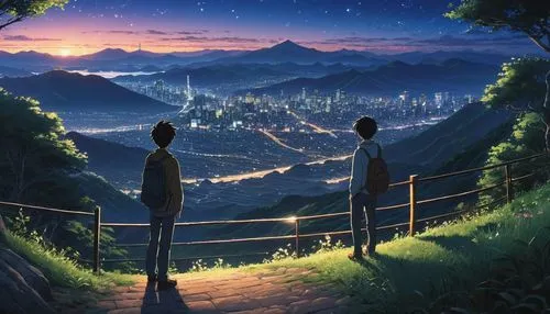 overlook,travelers,japan's three great night views,studio ghibli,dream world,evening atmosphere,world end,the horizon,other world,above the city,romantic scene,parallel world,stargazing,starry sky,scenery,distant vision,skywatch,summer evening,clear night,the scenery,Illustration,Japanese style,Japanese Style 05