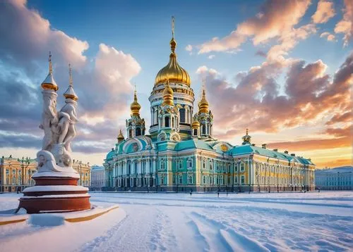 St Petersburg architecture, grand palace, Baroque style, golden domes, ornate decorations, intricate stone carvings, majestic columns, imperial Russian influence, winter scenery, snow-covered rooftops