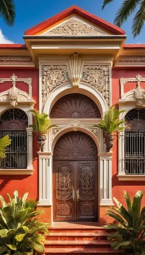 Colonial Venezuelan architecture, Baroque style, ornate decorations, intricately carved wooden doors, vibrant colorful walls, red-tiled roofs, balconies with intricate ironwork, palm trees surrounding