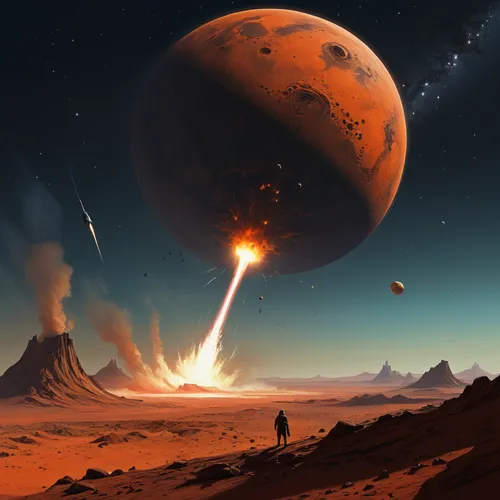 meteor blasts the mars, big bang happend,red planet,planet mars,space art,alien planet,exoplanet,fire planet,sci fiction illustration,mission to mars,asteroid,alien world,desert planet,gas planet,aste