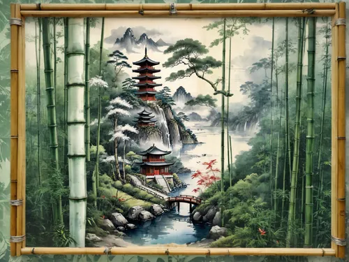 oriental painting,bamboo frame,japanese shrine,japanese art,japanese-style room,bamboo forest,japanese background,bamboo curtain,japan landscape,ryokan,hanging temple,chinese screen,japanese floral background,forest background,tsukemono,chinese art,japanese garden ornament,shinto shrine,forest landscape,landscape background