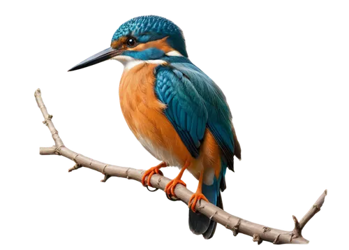 Kingfisher bird, vibrant blue plumage, orange belly, white throat patch, long pointed bill, feathers detailed, perched on branch, leaves surrounding, morning sunlight, soft warm lighting, 3/4 composit