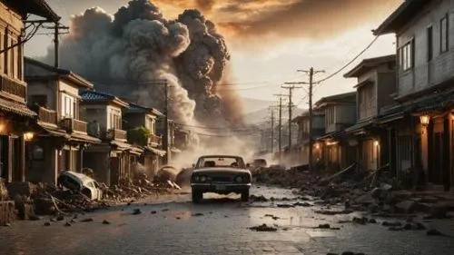 an old car drives down the street in front of smoke and debris,post-apocalyptic landscape,anthropoid,post apocalyptic,apocalyptic,rangoon,varsavsky