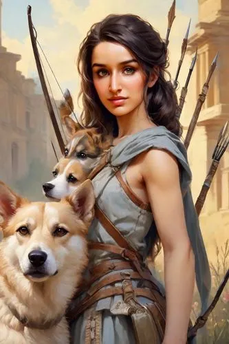 girl with dog,bohemian shepherd,companion dog,carpathian shepherd dog,female warrior,ancient dog breeds,argan,fantasy picture,fantasy portrait,rome 2,east-european shepherd,heroic fantasy,shepherd romance,dogecoin,warrior woman,shepherd mongrel,huntress,female dog,indian dog,dacia,Digital Art,Classicism