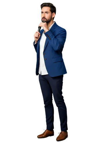 Man, speaking, mid-30s, short black hair, brown eyes, beard, white shirt, dark blue blazer, black pants, leather shoes, standing, confident posture, microphone in hand, serious facial expression, warm