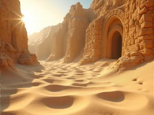 Sand material, desert landscape, golden dunes, sandy beach, architecture, building facade, sandstone walls, intricate carvings, Middle Eastern, ancient ruins, sunny day, warm light, soft shadows, natu