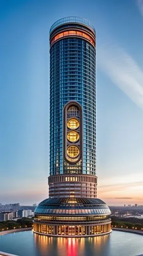 The skyscraper stands majestically against the skyline, its sleek and innovative design a testament to modern architectural excellence. The facade is a seamless blend of glass and steel, reflecting th