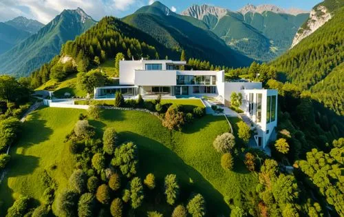 modern minimalist high-end architecture.Exterior. A landscape with green mountains in the background,a house in the mountains that is a top tourist attraction,house in the mountains,house in mountains