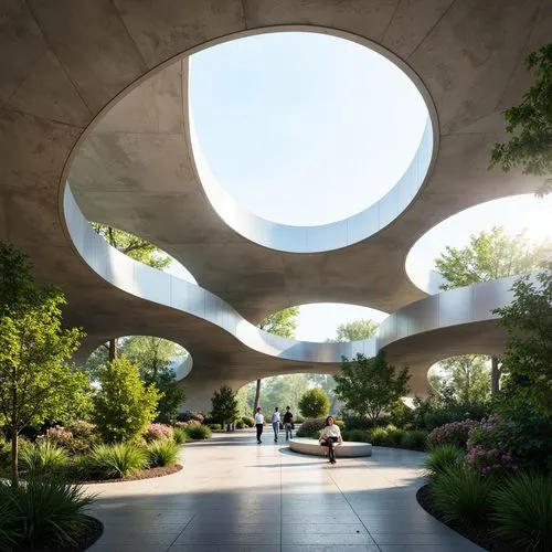 futuristic architecture,futuristic art museum,futuristic landscape,biospheres,cupertino,safdie,biopiracy,arcosanti,cochere,arcology,caltech,exposed concrete,concrete ceiling,underground garage,sky space concept,roof landscape,concrete,landscaped,biosphere,garden of plants