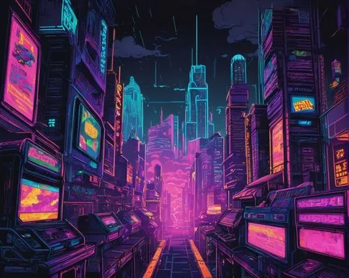 cyberpunk,colorful city,cybercity,cityscape,cybertown,fantasy city,cyberscene,cyberia,synth,metropolis,cyberworld,tokyo city,bladerunner,80's design,microdistrict,shinjuku,purple wallpaper,ultraviolet,futuristic landscape,dystopia,Unique,Pixel,Pixel 04