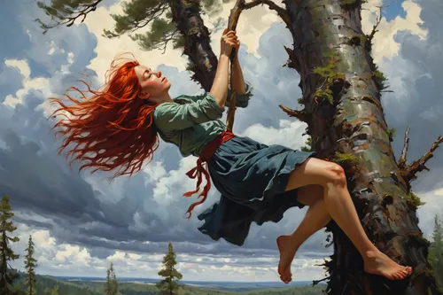 girl with tree,treeing feist,tree top,fairies aloft,dryad,fantasy picture,tightrope,fantasy art,hanging elves,red juniper,red-haired,treetop,tree swing,arborist,the girl next to the tree,little girl in wind,arms outstretched,the forest fell,tightrope walker,redheads,Conceptual Art,Fantasy,Fantasy 15