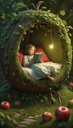 sleeping apple,rose sleeping apple,children's fairy tale,little girl reading,child with a book,fairy tales,fairy tale,fairy tale character,bookworm,apple tree,a fairy tale,alice in wonderland,fairytales,fantasy picture,read a book,apple world,dream world,fairy door,reading owl,relaxing reading,Illustration,Realistic Fantasy,Realistic Fantasy 44