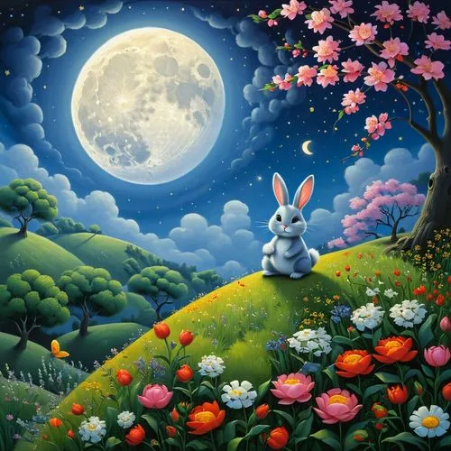 children's background,easter background,springtime background,ostara,cartoon bunny,bunny on flower,Illustration,Realistic Fantasy,Realistic Fantasy 26