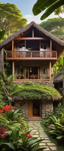 Cozy bungalow, tropical villa, wooden structure, thatched roof, large windows, sliding glass doors, rustic wooden door, stone walls, lush greenery, overgrown bushes, vibrant flowers, winding garden pa