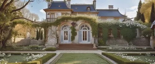 classic house in a garden,a very elegant building with two trees and bushes,chateaux,chateau,fairy tale castle,rivendell,villa balbianello,dolmabahce,Photography,General,Realistic