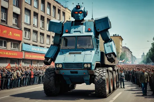 masterpiece, ultra quality, HDR, Soviet giant robots like kamaz car, Soviet Union in 1970, at the city, many soviet people, all happy, parade,military robot,medium tactical vehicle replacement,tracked