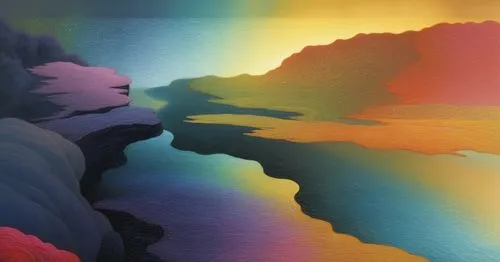 a painting of the colors of water flowing across the sky,rainbow clouds,acid lake,colorful water,abstract rainbow,reflection of the surface of the water,spectral colors,Illustration,Abstract Fantasy,A