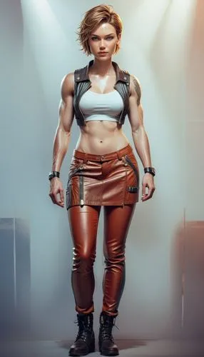 short hair, leather jacket, muscle woman, ,a woman is standing wearing leather pants,strongwoman,hard woman,muscle woman,female warrior,strong woman,holtzmann,Illustration,Realistic Fantasy,Realistic 