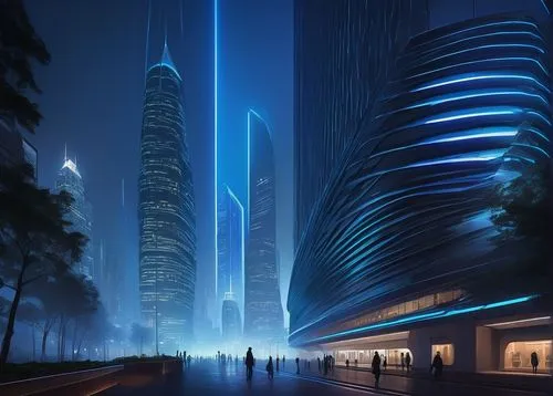 Futuristic Oculus building, sleek metallic structure, curved lines, neon lights, glowing blue accents, towering high-rise, cityscape background, misty atmosphere, nighttime, distant skyscrapers, holog