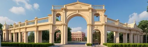 Elevation view complete with and main gate of college ,a large arch is in the middle of a building,ctesiphon,triumphal arch,archways,pergola,constantine arch,palladian,Photography,General,Realistic