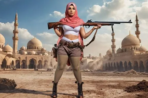 one person, single pin up woman model arabian, large chest and wide hips body, body with sewat shine, using arabic hijab screaming, tiny top tshirt and tight shorts splatter with mud, holding a antiqu