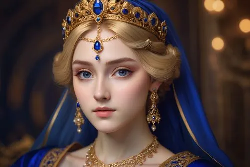 Princess Zelda, AI-generated portrait, intricate crown, golden hair accessories, delicate facial features, subtle blush, elegant eyelashes, royal blue dress, flowing silk texture, layered skirt, gemst