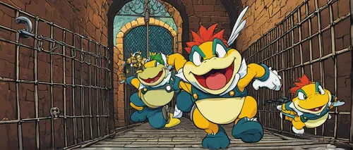 Create a thrilling chase sequence where the Koopalings try to escape from a high-security prison.,pokémon,donald duck,pokemon,screaming bird,run,laughing bird,the pied piper of hamelin,pinocchio,fuel-