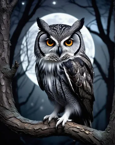 Mystical fey owl, nocturnal creature, solo, (20cm), white and grey feathers, big round eyes, sharp beak, perched on a twisted branch, full moon in the background, dark forest, misty atmosphere, twinkl