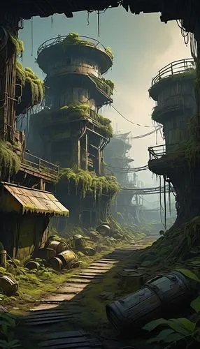 Map of Pandora, Borderlands, futuristic sci-fi landscape, worn-out terrain, abandoned ruins, rusty metal scrap, toxic waste barrels, broken machinery, overgrown with vines and moss, eerie glowing mush