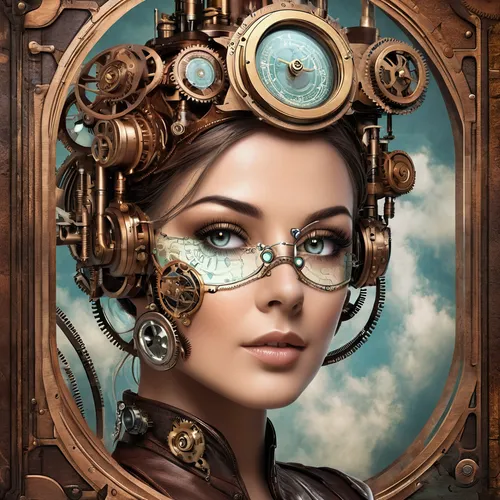 steampunk,clockmaker,watchmaker,steampunk gears,optician,clockwork,magic mirror,fantasy portrait,art nouveau frames,grandfather clock,looking glass,reading glasses,sci fiction illustration,fantasy art,image manipulation,makeup mirror,spectacle,magnify glass,switchboard operator,silver framed glasses,Conceptual Art,Fantasy,Fantasy 25