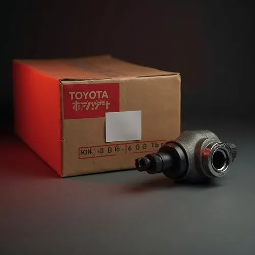 medium sized cardboard colord toyota box, which is on the left side of the photo, and has the logo of toyota company on it, which is white bold word "TOYOTA" and on the left upper corner of the box, a