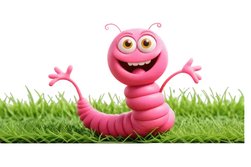 cute worm, cartoon style, pink body, yellow eyes, smiling face, tiny arms and legs, green grass background, sunny day, soft lighting, 3/4 composition, shallow depth of field, warm color tone, playful 