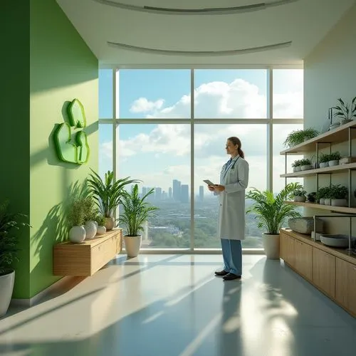 Sustainable hospital, modern architecture, eco-friendly design, natural light, green walls, recycling symbol, doctor in white coat, stethoscope around neck, holding tablet, standing near glass wall, c