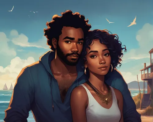 romantic portrait,black couple,game illustration,digital painting,custom portrait,cg artwork,bird couple,fantasy portrait,cranes,game art,portrait background,world digital painting,young couple,sci fiction illustration,croft,summer icons,thieves,nassau,beautiful couple,digital art,Conceptual Art,Fantasy,Fantasy 17