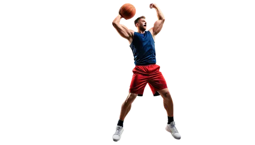 muscular man, athletic wear, dynamic dunking action, powerful legs, strong arms, basketball in hand, sweaty hair, intense facial expression, spotlight shining down, dramatic shadows, 3/4 composition, 