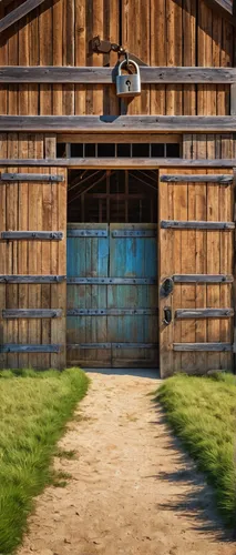 rustic barn, wooden structure, weathered texture, large barn doors, metal padlock, key hanging on a hook, hay bales inside, farm setting, surrounding green fields, grazing animals, clear blue sky, mid