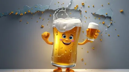 glass of beer breaking against a wall in 3D amimtion style ,the cartoon beer mug is ready to be enjoyed,renderman,kraft,golden shower,light bulb,lightbulb,electric bulb,Unique,3D,3D Character