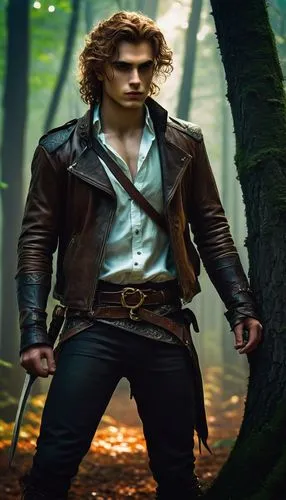 Tamlin Feyre, half-elf, male, young adult, beautiful detailed face, sharp jawline, piercing emerald green eyes, messy curly brown hair, earring, leather jacket, white shirt, dark pants, boots, sword, 