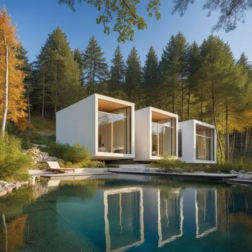 Diseño de 3 cabañas, estilo mínimalista a base de cubos recubiertos de lámina de acero con un ventanal panorámico qué mira  un lago, agua azul, reflejos, sombras, corrección de herrores, proporción, f