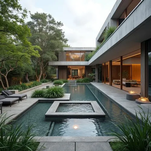  ,a swimming pool in front of an open house with modern style furniture and greenery,landscape design sydney,modern house,landscape designers sydney,garden design sydney,modern architecture,pool house