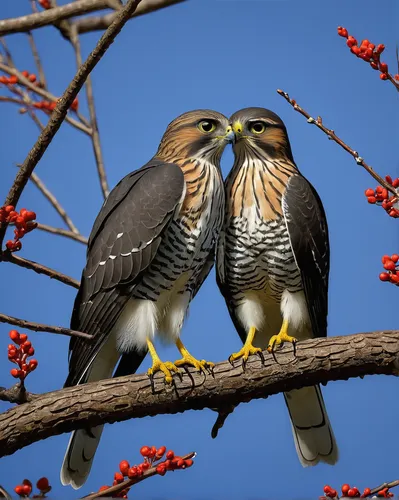 Write a romantic scene where two Cooper's hawks gently touch beaks in a tree branch.,bird couple,falconiformes,parrot couple,couple boy and girl owl,courtship,love birds,couple macaw,love bird,lovebir