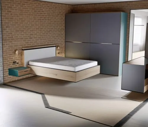 Stanza da letto moderna in bianco e nero, con le seguenti caratteristiche e quote:

Dimensioni della stanza: 387 cm di larghezza per 344 cm di profondità.
Letto contenitore sospeso: Posizionato sul la