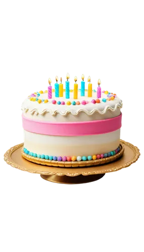 Colorful birthday cake, round shape, multiple layers, creamy white frosting, bright candles, a small framed picture, ornate gold frame, smiling face in photo, soft focus, warm lighting, shallow depth 