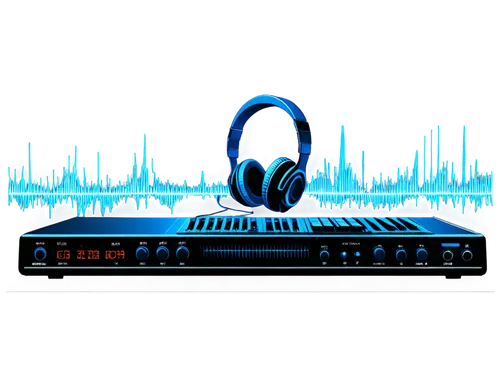 Audio wave, digital sound, music notes, ogg format, blue waveform, headphones, studio recording, microphone, soundboard, mixing console, acoustic treatment, dark background, 3/4 composition, soft ligh