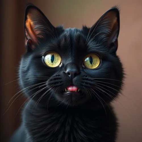 close-up of a black cat with glistening eyes, its mouth slightly open showing a hint of its tongue, creating a humorous expression. The lighting accentuates the cat's facial features.,a black cat with