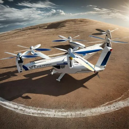 Hyper realistic, cinematic, high resolution photo of a White multi-rotor air taxi drone with two large wings and one main fan on the back, on helipad, highly realistic, cinematic, natural lighting, hi