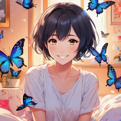 Anime cute adorable black short hair woman, she is a pure soul, butterfly sitting, smiling, bedroom,butterfly background,vanessa (butterfly),butterflies,butterfly,moths and butterflies,white butterfli