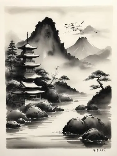 a painting with pagodas on the mountains and rivers,mengzi,oriental painting,wuyuan,qingyuan,haiyuan,shaoming,Illustration,Paper based,Paper Based 30